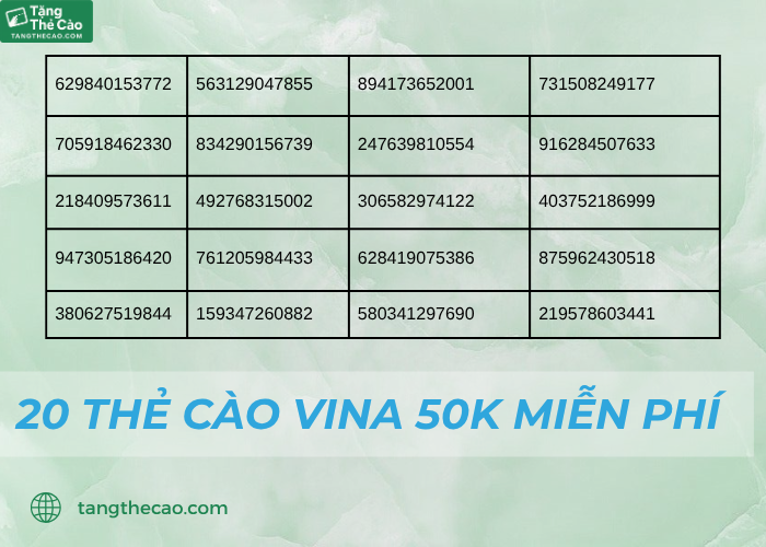 20 thẻ cào Vina 50K miễn phí