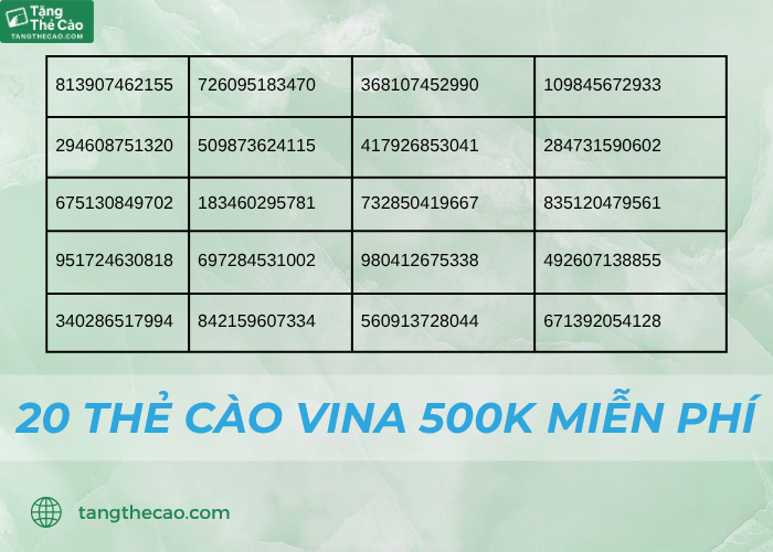20 thẻ cào Vina 500K miễn phí